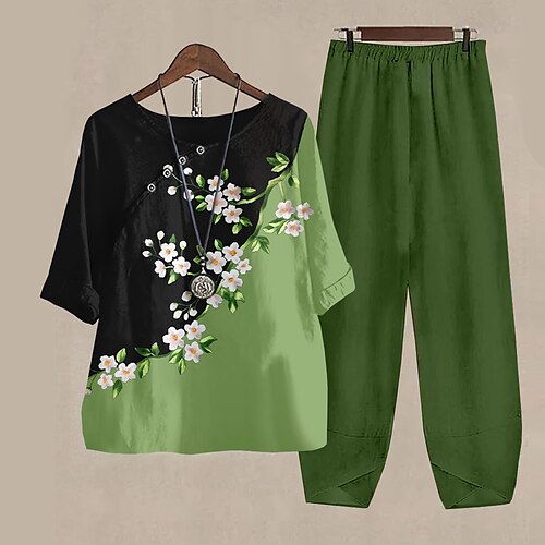 

Mujer Camisa Conjuntos de pantalones Pantalones Básico Verde Claro Rosa Festivos Fin de semana Floral Bloque de color Estampado Escote Redondo S M L XL 2XL