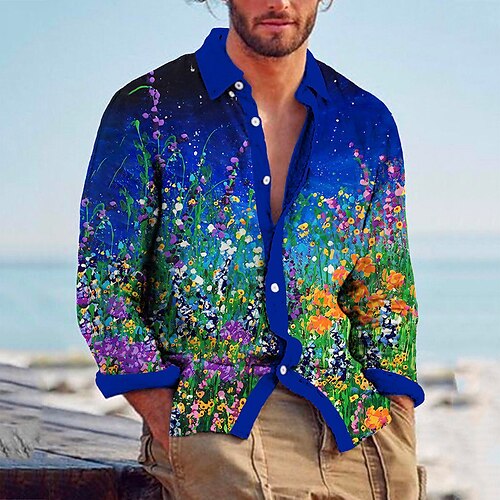 

Homme Chemise Chemise Lin Floral Imprimés Photos Col rabattu Bleu Violet Extérieur Plein Air manche longue Imprimer Vêtement Tenue Lin Mode Vêtement de rue Design Décontractées