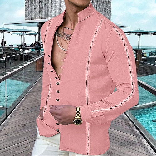 

Men's Shirt Guayabera Shirt Linen Shirt Button Up Shirt Summer Shirt Beach Shirt Black White Pink Long Sleeve Plain Standing Collar Spring & Summer Casual Daily Clothing Apparel