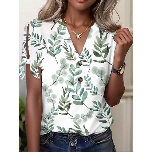 

Mulheres Camisa Social Blusa Branco Verde Floral Botão Com Corte Manga Curta Casual Feriado Básico Decote V Padrão Tema Flores S