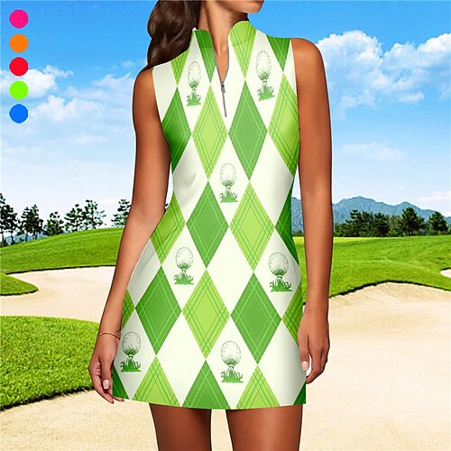 

Mulheres Vestido de tênis vestido de golfe Respirável Secagem Rápida Pavio Humido Sem Manga Vestidos roupa de tênis Zíper Xadrez Estampado Verão Tênis Golfe Pickleball