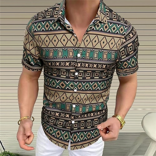 

Homens Camisa Social Tribal Estampas Abstratas Vintage Geometria colar cubano Branco Vinho Azul Roxo Fúcsia Ao ar livre Casual Manga Curta Imprimir Roupa Esportes Moda Roupa de rua Designer