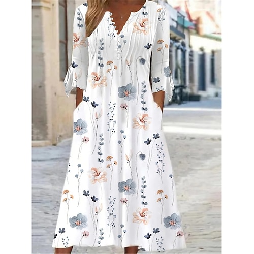 

Mulheres Vestido casual Vestido de verão Vestido estampado Floral Frufru Botão Pescoço Dividido manga babado Vestido midi Moda Roupa de rua Ao ar livre Diário Manga 3/4 Ajuste Largo Branco Verão