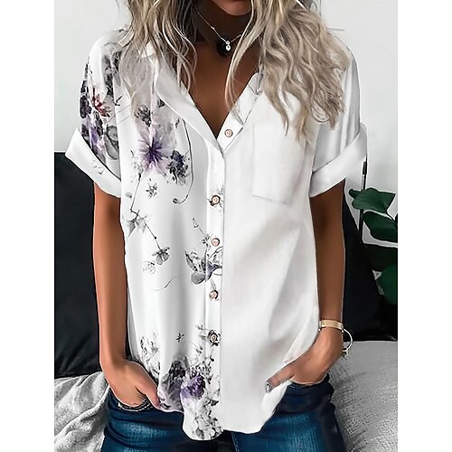 

Damen Hemd Bluse Weiß Blumen Taste Bedruckt Kurzarm Casual Festtage Basic Hemdkragen Standard Blume S