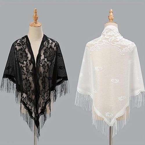 

Flower Embroidery Triangle Tassel Scarf Solid Color Hollow Shawl Outdoor Sunscreen Travel Head Wrap Hair Accessories