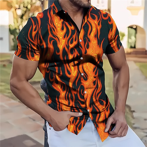 

Men's Shirt Graphic Prints Flame Turndown Yellow Red Orange Outdoor Street Short Sleeves Print Clothing Apparel Fashion Streetwear Designer Casual