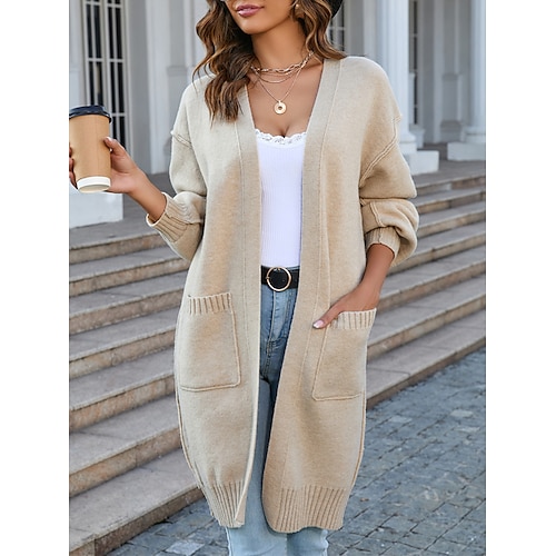 

Women's Cardigan Sweater Jumper Ribbed Knit Pocket Solid Color Open Front Stylish Casual Daily Going out Summer Spring Pink Khaki S M L