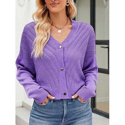 

Mulheres Sueter Cardigan Saltador Estriado Tricotar Cropped Botão Côr Sólida Decote V à moda Casual Diário Para Noite Verão Primavera Azul Roxo S M L