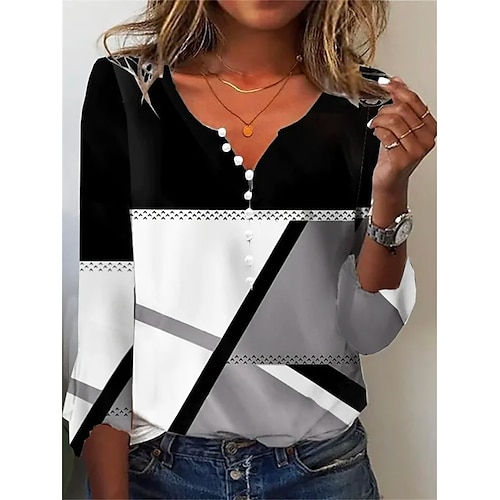 

Women's T shirt Tee Black Color Block Button Print Long Sleeve Daily Weekend Basic V Neck Regular Painting S