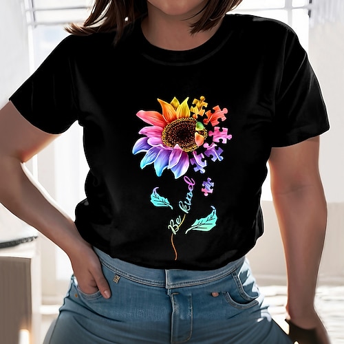 

Women's T shirt Tee Black White Navy Blue Sunflower Print Short Sleeve Casual Weekend Basic Round Neck Regular Cotton Floral Painting Plus Size L