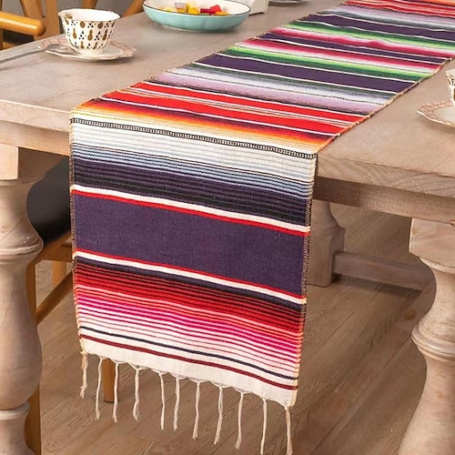 

Camino de mesa mexicano, camino de mesa de primavera para casa de campo, decoración de bandera de mesa boho de algodón con borlas, decoraciones de mesa para cenas, bodas, fiestas, vacaciones