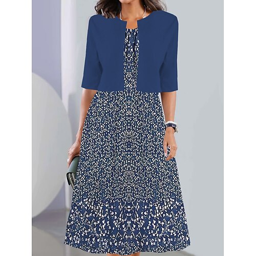 

Women's Two Piece Dress Set Casual Dress Chiffon Dress Daily Going out Fashion Streetwear Pocket Print Midi Dress Crew Neck Half Sleeve Floral Loose Fit Yellow Wine Navy Blue Summer Spring S M L XL