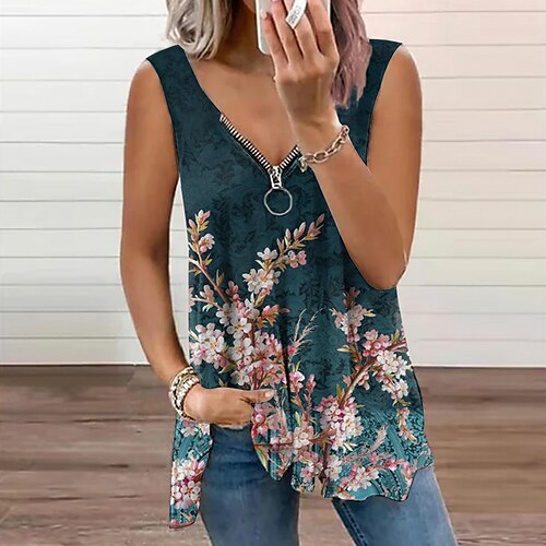 

Mujer Camiseta sin mangas Azul Piscina Morado Marrón Floral Cremallera de un cuarto Estampado Sin Mangas Casual Festivos Ropa de calle Escote en Pico Regular Flor S
