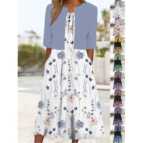 

Mujer Conjunto de vestido de dos piezas Vestido informal Vestido de raso Diario Noche Moda Ropa de calle Bolsillo Estampado Vestido Midi Cuello Barco Media Manga Floral Ombre Holgado Blanco Amarillo