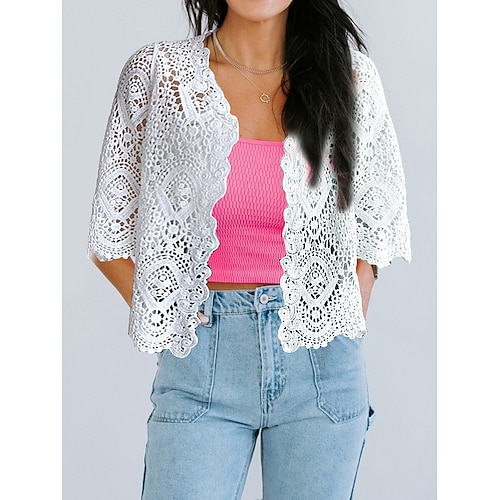 

Women's Cardigan Sweater Jumper Crochet Knit Embroidered Hole Solid Color Open Front Stylish Casual Daily Going out Summer Spring White Beige One-Size