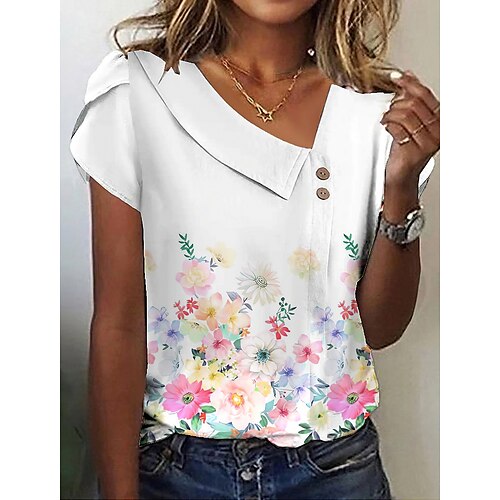 

Mulheres Camisa Social Blusa Branco Rosa Roxo Floral Imprimir Manga Curta Casual Feriado Básico Decote V Padrão Tema Flores S