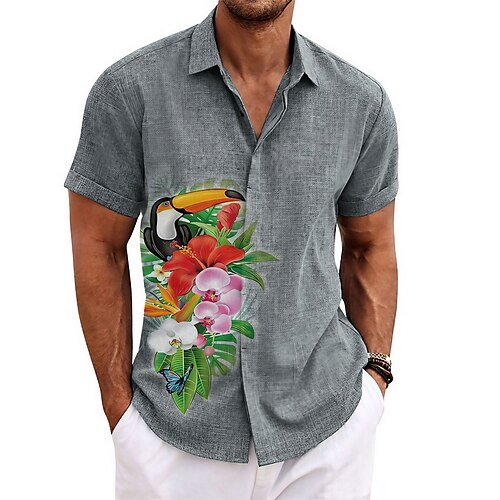 

Homens Camisa Social camisa de linho Floral Pássaro Estampas Abstratas Aberto para a Lateral Branco Verde Cáqui Cinzento Ao ar livre Rua Manga Curta Imprimir Roupa Linho Moda Designer Casual Macia