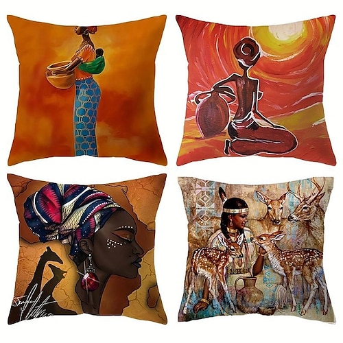 

Capa de almofada dupla lateral feminina africana 4 peças, capa de almofada quadrada decorativa macia para quarto, sala de estar, sofá, cadeira, arte afro