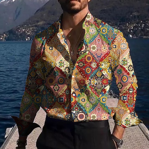 

Hombre Camisa Bloque de color Tribal Estampados Cosecha Cuello Vuelto Amarillo Azul Piscina Exterior Calle Manga Larga Estampado Ropa Moda Ropa de calle Design Casual