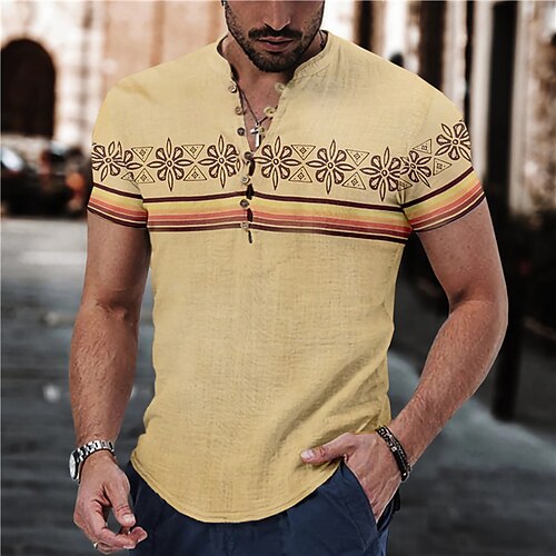 

Men's Shirt Linen Shirt Floral Graphic Prints Geometry Stand Collar Pink Blue Green Khaki Gray Outdoor Street Short Sleeve Print Clothing Apparel Linen Fashion Streetwear Designer Casual