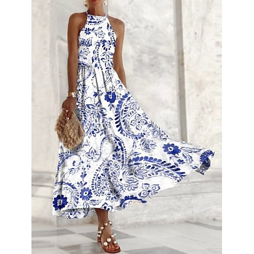 

Tenue décontractée Robe Débardeur Robe d'été Femme Floral Imprimer Licou Mode Vêtement de rue du quotidien Vacances Sans Manches Standard Bleu Eté S M L XL XXL