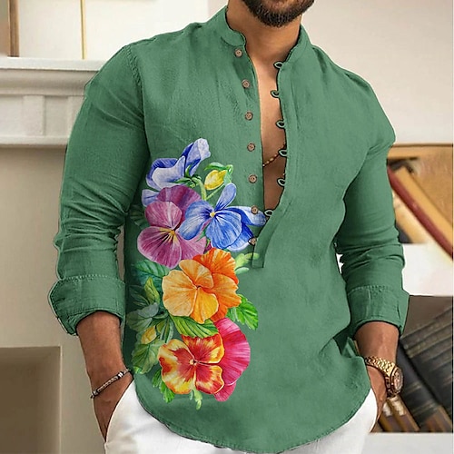 

Homme Chemise Chemise Lin Floral Imprimés Photos Mao Blanche Bleu Vert Extérieur Plein Air manche longue Imprimer Vêtement Tenue Lin Mode Vêtement de rue Design Décontractées