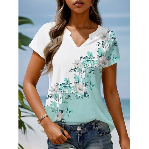 

T shirt Tee Femme Noir Rose Claire Bleu Floral Imprimer Manche Courte Vacances Fin de semaine basique Col V Normal Standard Fleur Peinture S