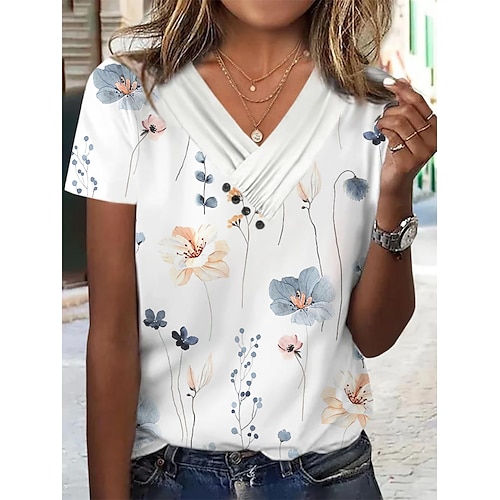 

Women's T shirt Tee Blouse White Light Green Blue Graphic Floral Print Short Sleeve Holiday Casual V Neck Regular Floral S