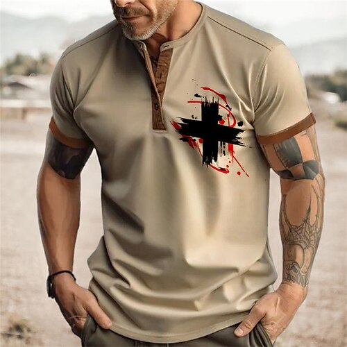 

Homens Camisa Henley Gráfico Cruz Fé Henley Roupa Impressão 3D Ao ar livre Diário Manga Curta Botão para baixo Imprimir Moda Designer Confortável