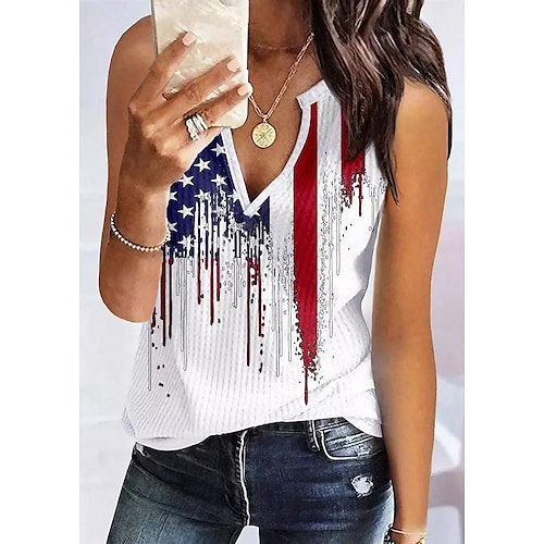 

Women's Tank Top Black White American Flag Print Sleeveless Casual Basic V Neck Regular S