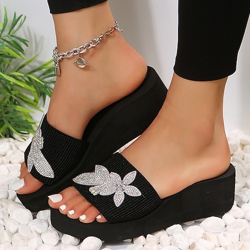 

Damen Hausschuhe Slippers Mules Keilabsätze Plateausandalen Hausschuhe im Freien Outdoor Strand Strass Keilabsatz Elegant Brautkleider schlicht Elastisches Gewebe Halbschuhe Feste Farbe Schwarz Weiß