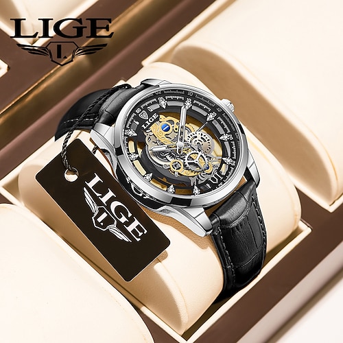 

LIGE Hombre Relojes de cuarzo minimalista Calavera IMPERMEABLE Cuero Sintético Acolchado Reloj