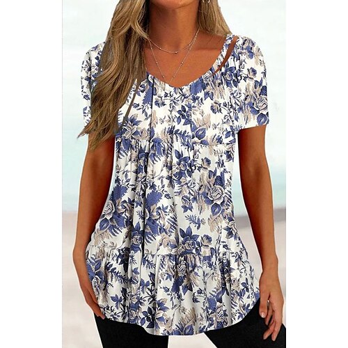 

Women's T shirt Tee Blue Floral Print Short Sleeve Holiday Weekend Basic V Neck Regular Floral Painting S