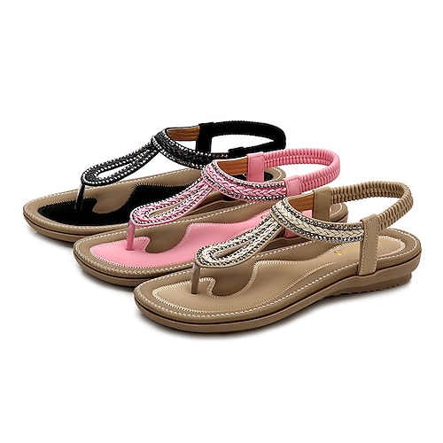 

Damen Sandalen Boho Komfort Schuhe Täglich Strand Strass Flacher Absatz Offene Spitze Urlaub Modisch Böhmen PU Halbschuhe Feste Farbe Schwarz Rosa Beige