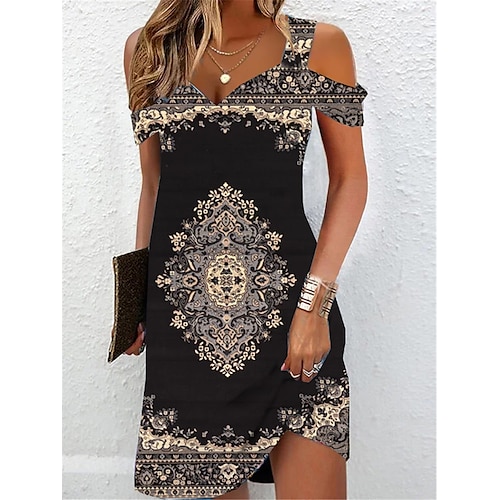 

Mulheres Vestido casual vestido étnico Vestido de verão Floral Tribal Ombro frio Imprimir Com Alças Minivestido Vintage Étnico Ao ar livre Diário Manga Curta Normal Preto Vinho Vermelho Verão