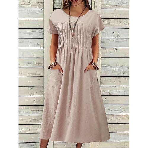 

Mujer Vestido informal Vestido de lino de algodón Vestido Midi Mezcla de Algodón Básico Clásico Exterior Diario Vacaciones Cuello Barco Frunce Bolsillo Manga Corta Verano Primavera 2023 Ajuste regular