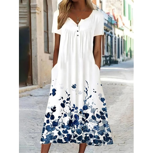 

Mulheres Vestido casual Vestido de verão Vestido estampado Folha Floral Botão Bolsos Pescoço Dividido Vestido midi Moda Roupa de rua Ao ar livre Diário Manga Curta Ajuste Largo Amarelo Azul Verde