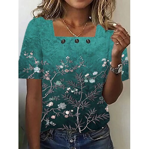 

Mujer Camiseta Rojo Azul Piscina Verde Trébol Floral Botón Estampado Manga Corta Festivos Fin de semana Básico Escote Cuadrado Regular Flor Pintura S