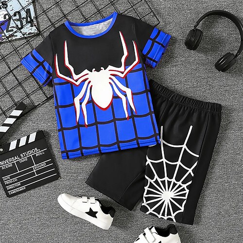 

2 Piezas Niños Chico Camiseta y Bermudas Conjuntodecamiseta Conjunto de Ropa Vestimenta Graphic Plaid SPIDER Manga Corta Cuello redondo Establecer Exterior Impresiones 3D Activo Deportes Moda