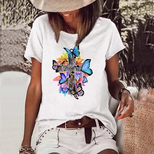 

T shirt Tee Femme Noir Blanche Rose Claire Papillon Imprimer Manche Courte du quotidien Fin de semaine basique Col Rond Normal Coton Standard Papillon Peinture S