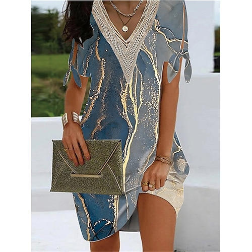 

Mujer Vestimenta casual Vestido de verano Vestido Estampado Floral Geométrico Retazos Estampado Escote en Pico Mini vestido Moda Ropa de calle Exterior Calle Manga Corta Ajuste regular Blanco Azul