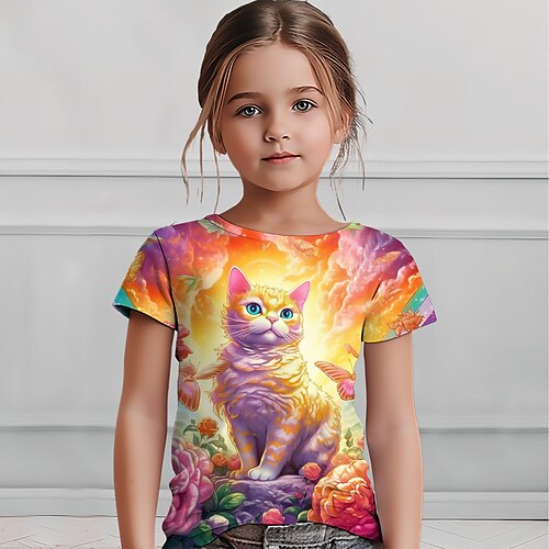 

Fille T-shirt Manche Courte T-shirt Tee-shirts Graphic à imprimé arc-en-ciel Chat 3D effet Actif Mode Le style mignon Polyester Extérieur Casual du quotidien Enfants Col ras du cou 3-12 ans Graphique