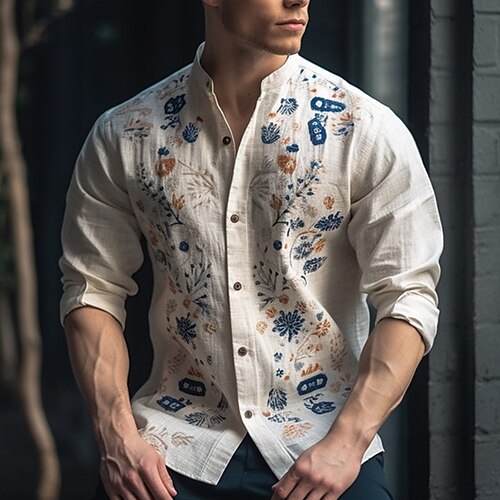 

Homens Camisa Social camisa de linho Floral Estampas Abstratas Colarinho Chinês Amarelo Azul Cáqui Ao ar livre Rua Manga Longa Imprimir Roupa Linho Moda Roupa de rua Designer Casual