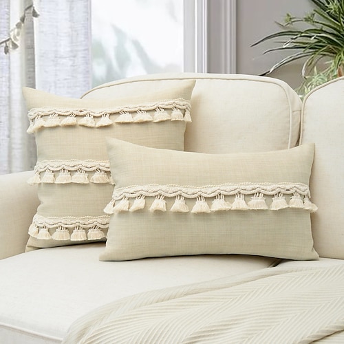 

fronha bege com borla decorativa fronha decorativa capa de almofada para sofá sofá-cama banco sala de estar 1 peça