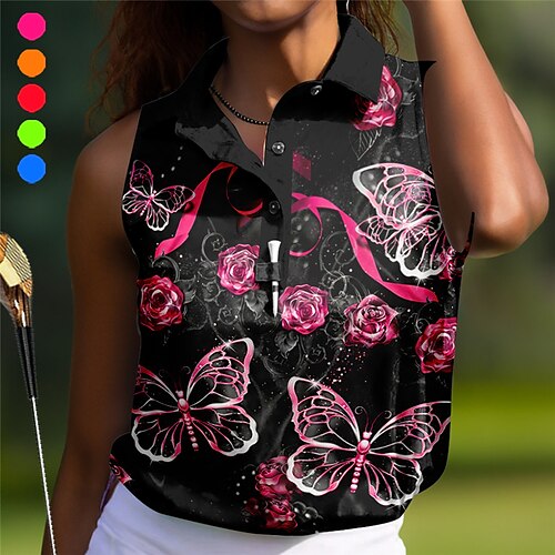 

Mulheres Camisa polo de caminhada vestuário de golfe roupas de golfe Respirável Secagem Rápida Leve Sem Manga Camiseta Blusas Borboleta Estampado Verão Golfe