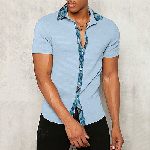 

Hombre Camisa Estampados Cosecha Geometría Cuello Vuelto Azul Piscina Exterior Calle Mangas cortas Estampado Ropa Moda Ropa de calle Design Casual