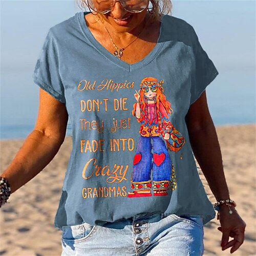 

Damen T Shirt Schwarz Weiß Marineblau Karikatur Buchstabe Bedruckt Kurzarm Täglich Wochenende Basic V Ausschnitt Standard Farbe S