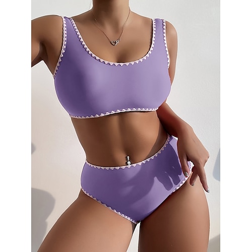 

Mulheres Roupa de Banho Biquíni 2 partes Normal roupa de banho Flexão Cintura alta Côr Sólida Preto Vermelho Azul Roxo Vermelho Rosa Acolchoado Decote em U Fatos de banho novo Sensual Casual