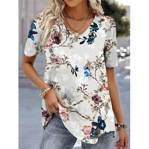 

Women's T shirt Tee Blue Green Floral Print Short Sleeve Casual Holiday Basic V Neck Regular Floral S