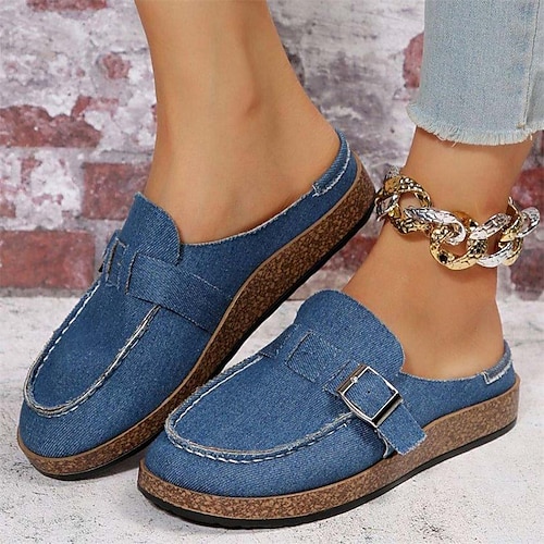 

Mujer Sandalias Zapatillas Zapatos Confort Tallas Grandes Diario Verano Tacón Plano Dedo redondo Casual Minimalismo Vaquero Mocasín Color sólido Azul Piscina